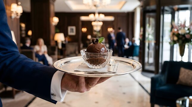 Waiter serving an elegant chocolate mousse dessert on a silver platter in a luxury restaurant interior