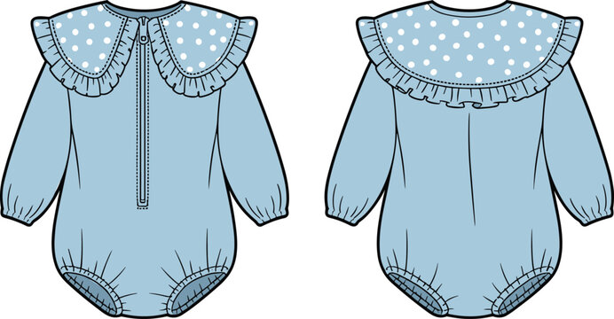Fashion flat technical sketch of baby girl long sleeve bubble romper bodysuit featuring oversized polka dot collar with ruffle trim template front and back view vector illustration