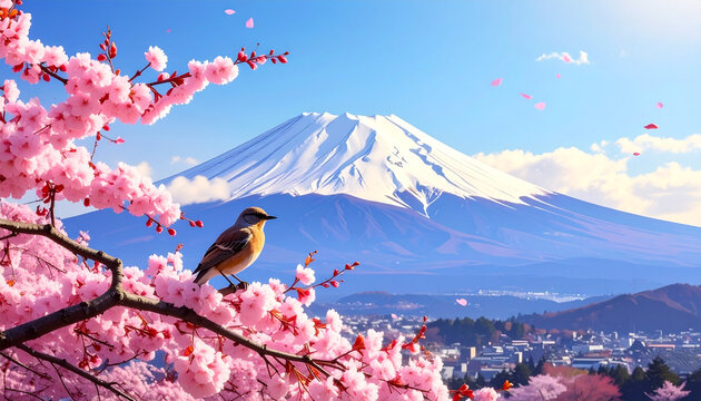 Bird on Cherry Blossom Branch with Mount Fuji Background