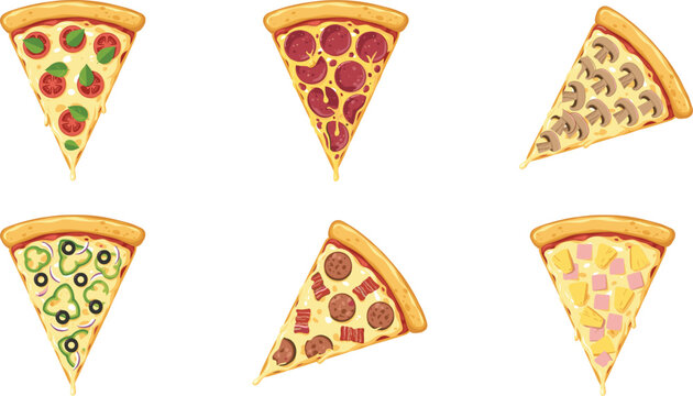 Delicious pizza slice set featuring pepperoni margherita mushroom vegetarian hawaiian and meat toppings vector illustration isolated on white background for menu design