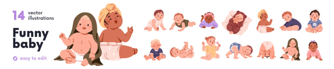 Cute babies set. Infants crawling, sitting, lying, playing in funny poses. Happy smiling laughing newborn boys and girls in onesie and diaper. Flat vector illustrations isolated on white background