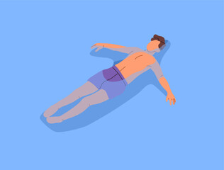 Obraz premium Tourist is lying on his back on water in summer top view. Man in swimsuit is swimming and sunbathing on ocean surface. Person relaxes, has a rest in sea resort. Flat isolated vector illustration