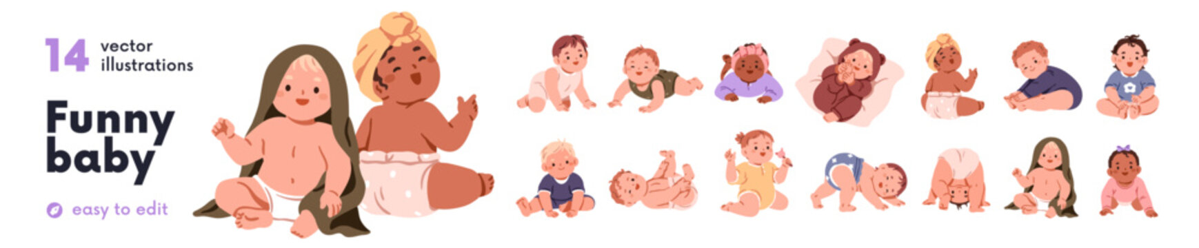 Cute babies set. Infants crawling, sitting, lying, playing in funny poses. Happy smiling laughing newborn boys and girls in onesie and diaper. Flat vector illustrations isolated on white background