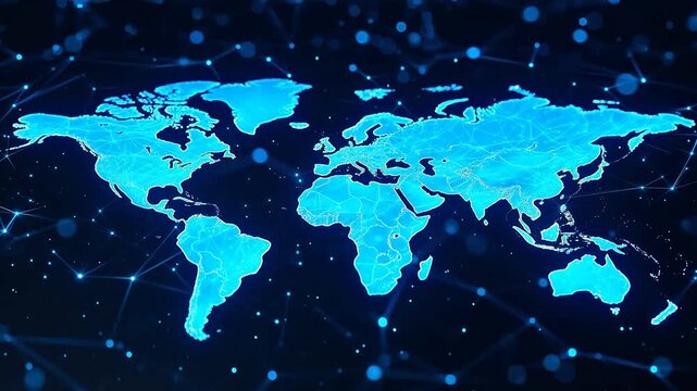 Blue glowing world map with network connections