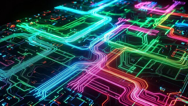 Colorful glowing circuit board patterns