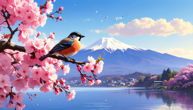 Bird on sakura branch with Mount Fuji and lake landscape