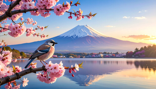 Mount Fuji and Cherry Blossoms with Bird over Lake at Sunset