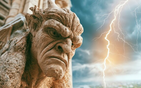 Majestic Low Angle Shot of Ancient Stone Gargoyle Against Stormy Sky