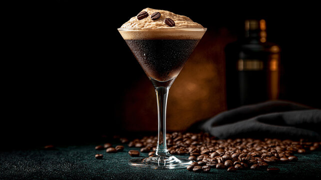 Classic espresso martini cocktail with coffee bean garnish on dark background cocktail espresso beverage