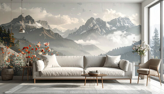 Modern living room featuring a scenic mountain mural and white sofa