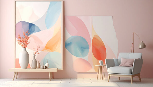 Minimalist Pastel Interior with Abstract Art and Armchair