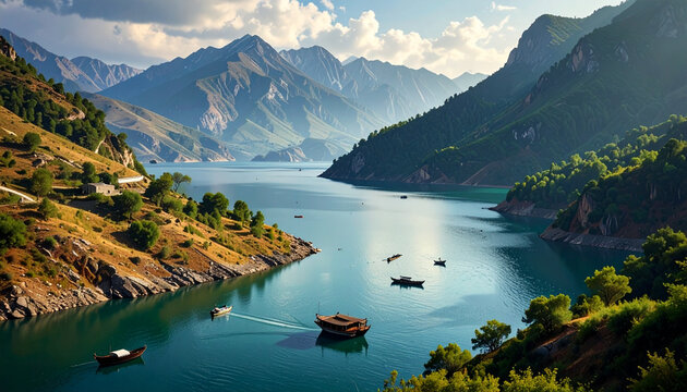 Breathtaking Mountain Lake Scenery with Boats on Turquoise Water