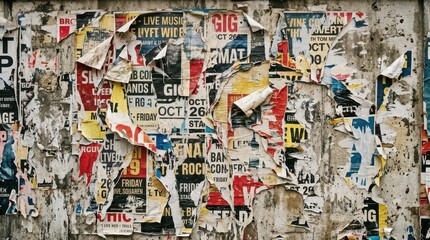 Fototapeta premium Weathered Urban Wall Covered in Layers of Torn Vintage Posters and Ripped Paper Texture for Grunge Background Design and Street Art Aesthetic Projects