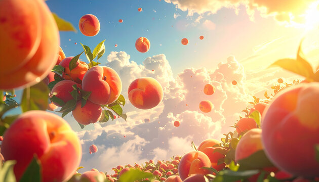 Surreal Floating Peaches in Sunny Summer Sky with Clouds
