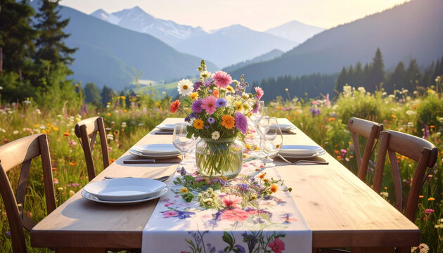 Rustic dining table with wildflowers against mountain landscape