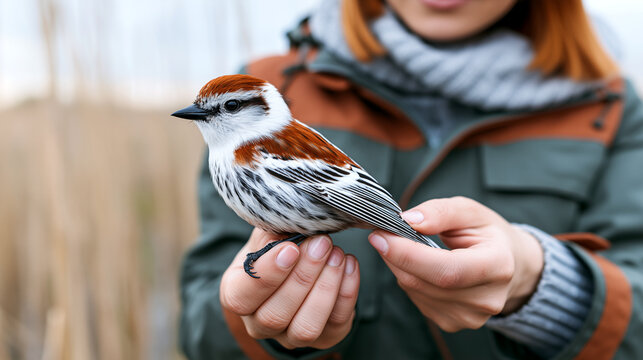 Bird migration tracking, biologist gently handles wild bird while attaching small GPS device, ethical conservation research near wetland, careful wildlife monitoring, soft natural background.