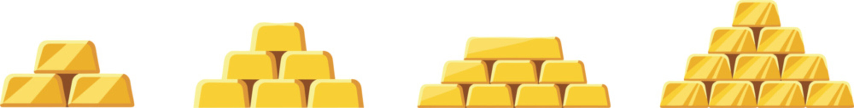 Shiny gold bars and precious bullion stacks set showing increasing piles of golden bricks isolated on white background wealth investment vector illustration