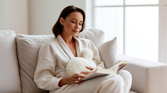 Menstrual cycle comfort, young woman during sofa rest, heating pad near abdomen, calm reading, natural cramp relief, soft bright home interior, self care wellness routine.