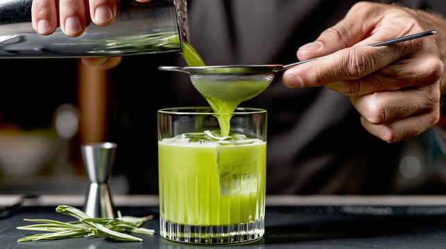 Botanical mocktail straining into chilled glass, clear ice, vivid green herbal citrus drink, minimal garnish, unbranded bar tool, fresh sober mixology concept.