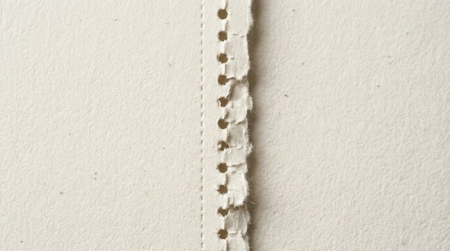 Torn edge of vintage tractor feed computer paper with perforated holes, close up texture of retro dot matrix printer stationery for nostalgic office background