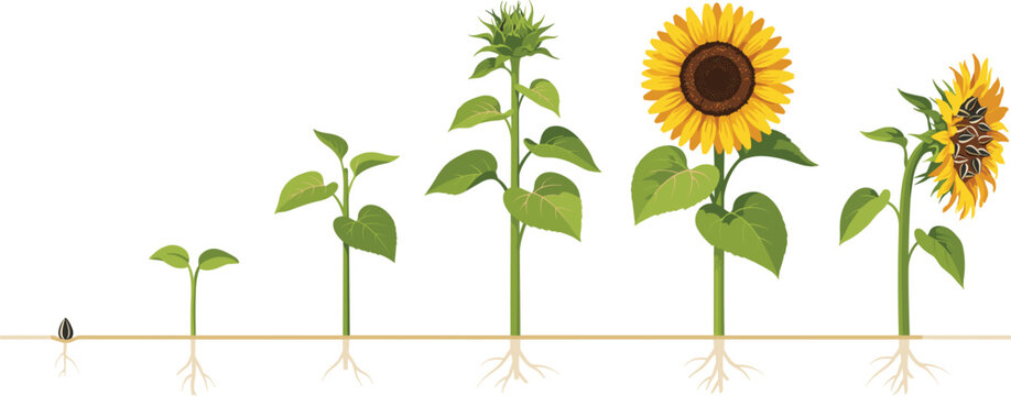 Sunflower growth cycle stages from seed and sprout to full blooming flower with roots vector illustration isolated on white background for agriculture