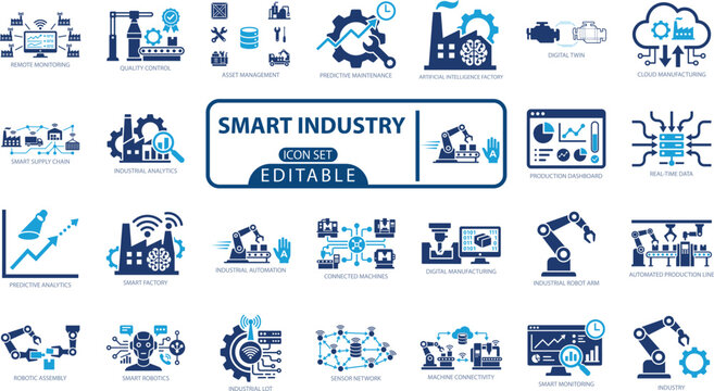 Smart Industry  vector icon set. Featuring robotic arm, AI factory, IoT, automation, digital manufacturing, and predictive maintenance concepts.