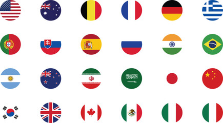 World flags collection set showing round circular national country flags of USA UK Canada Australia Germany and Japan isolated on white background vector illustration © Ms
