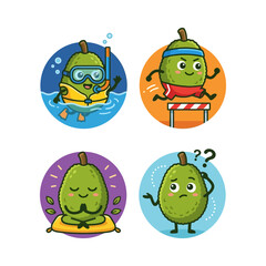 Obraz premium Four cartoon illustrations of a green fruit character engaged in different activities: snorkeling, running hurdles, meditating, and looking confused.