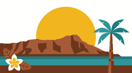 Flat Hawaii landscape vector with Diamond Head mountain and palm tree. © Oktafianto