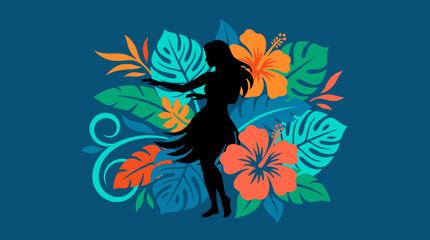 Hula Dancer Silhouette with Tropical Hibiscus Flowers and Monstera Leaves © Oktafianto