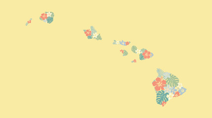 Tropical Hawaii map with floral hibiscus pattern on yellow backdrop. © Oktafianto