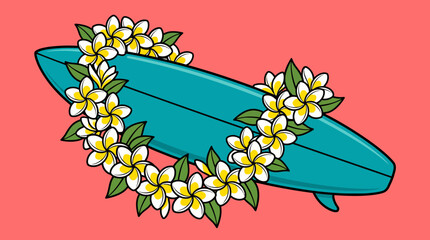 Illustration of a turquoise surfboard with a Hawaiian plumeria lei on a pink background. © Oktafianto