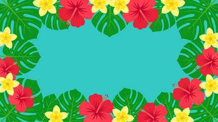 Tropical floral frame with hibiscus and plumeria flowers on a turquoise background. © Oktafianto