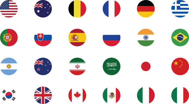 World flags collection set showing round circular national country flags of USA UK Canada Australia Germany and Japan isolated on white background vector illustration