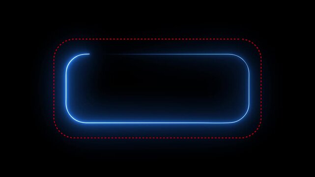 Abstract neon blue glowing line animation with red dotted border frame on dark background