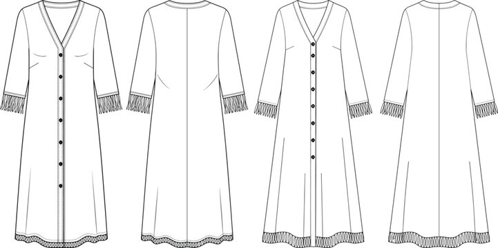 Front and back view of long v-neck buttoned maxi dresses with long sleeves and fringe trim details technical flat sketch vector illustration