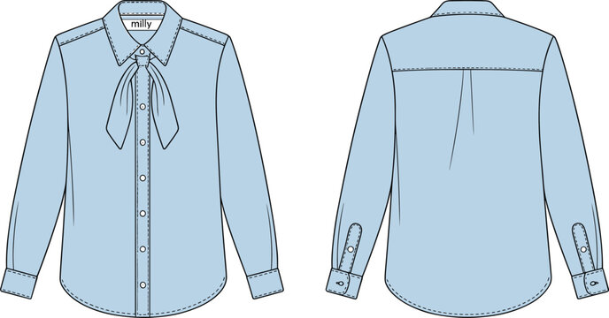 Front and back view of light blue women long sleeve button up shirt with neck tie detail and curved hem technical flat sketch vector illustration