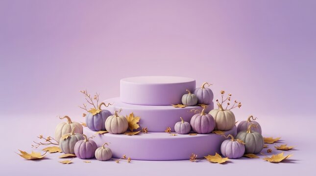 Halloween podium display purple tiered stand with pumpkins and autumn foliage for product showcase