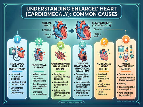 Infographic showing causes of enlarged heart (cardiomegaly) isolated on white background