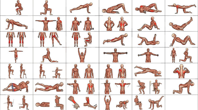 Comprehensive vector instruction sheet illustrating various fitness exercises and targeted body muscle groups for gym workout guides