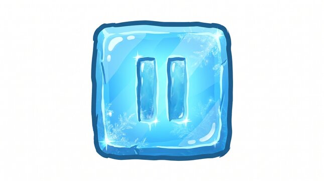 Frozen ice pause symbol button with crystalline texture and snowflake patterns isolated on white