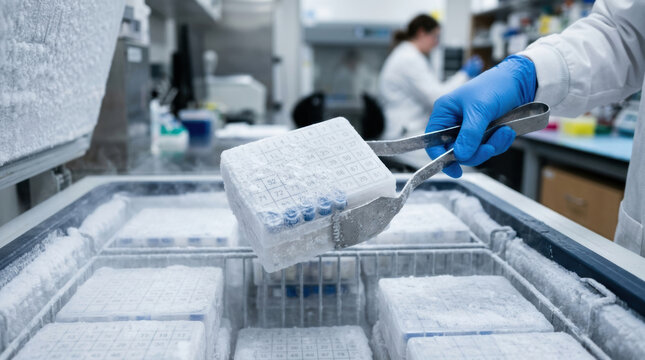 Frozen cryovial rack medical research sample storage in cold lab freezer with technician gloves