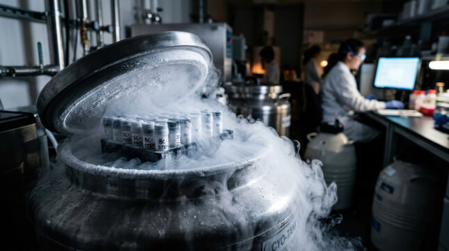 Cryogenic storage vial rack with frozen samples in laboratory showing medical research context