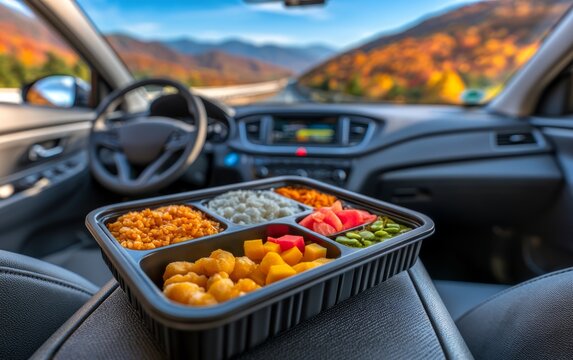 Korean Convenience Store Dosirak Bento in Car with Scenic Background