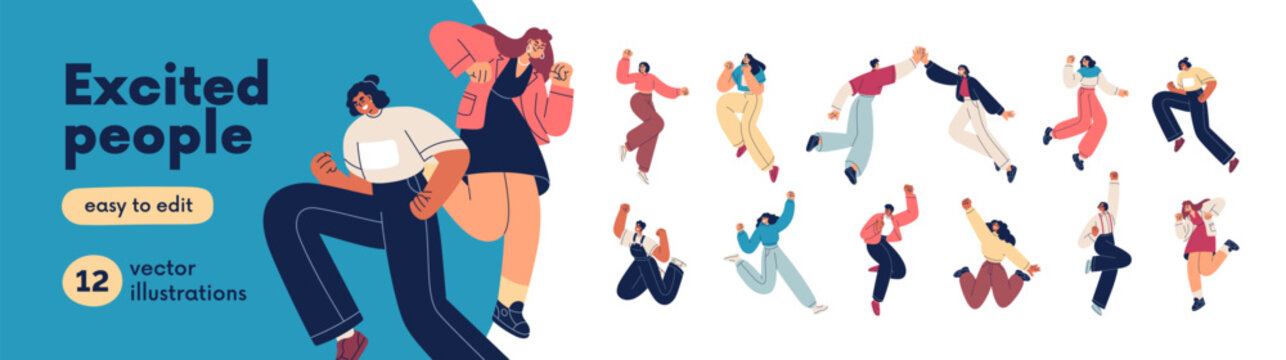 Excited happy people set. Cheerful male and female characters jumping, celebrating success. Fun, joy and energy poses. Positive men, women. Flat vector illustrations isolated on white background