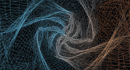 Fototapeta premium Blue and orange wireframe vortex on black background creates dynamic 3D energy effect for technology and sci-fi design themes.