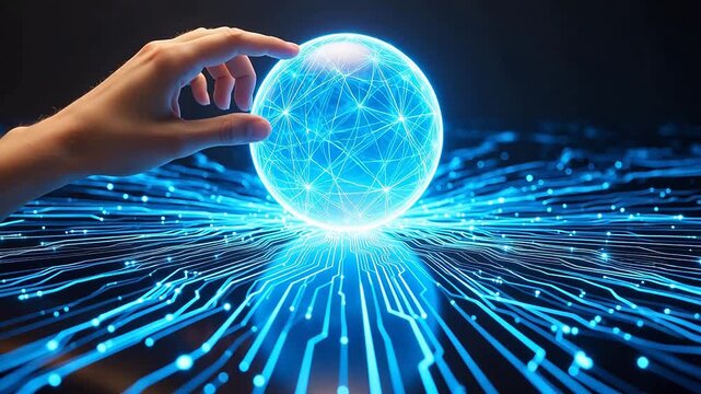 Hand touching glowing digital sphere