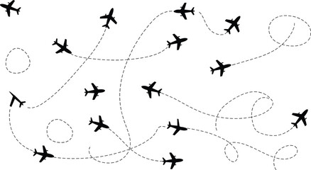 Airplane flight routes vector background with black aircraft silhouettes and dotted lines for travel aviation tourism global transportation pattern. © Yesrath Hasan Sobuj