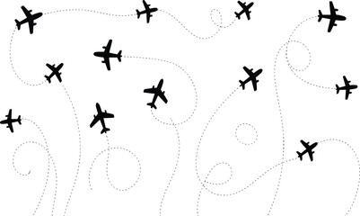 Airplane flight routes vector background with black aircraft silhouettes and dotted lines for travel aviation tourism global transportation pattern. © Yesrath Hasan Sobuj