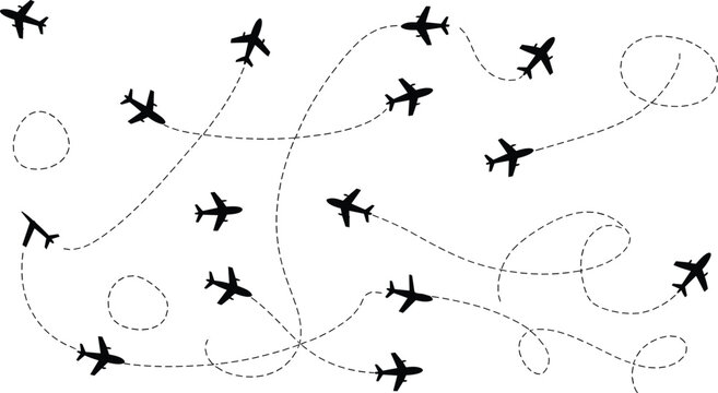 Airplane flight routes vector background with black aircraft silhouettes and dotted lines for travel aviation tourism global transportation pattern.